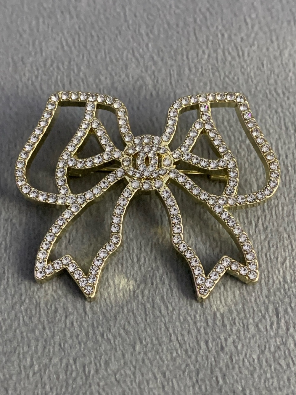 Elegant Upcycled Bow Brooch with Crystals - Gold Tone